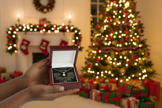 Gold necklace with heart pendant in a wooden box with sentimental message for wife with a Christmas background